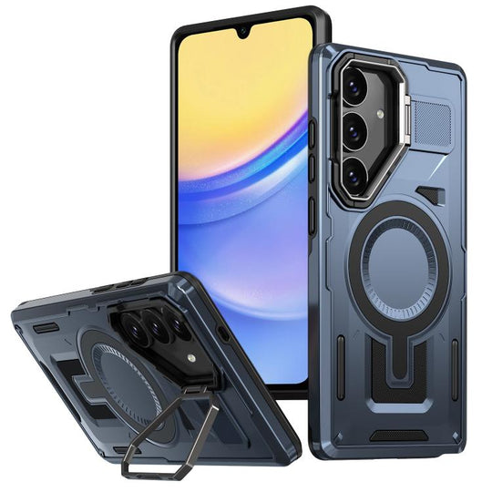 For Samsung Galaxy A15 Shield Hollow Frame Holder MagSafe Phone Case(Navy Blue)