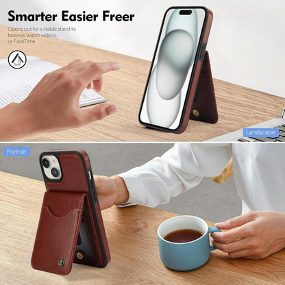 For iPhone 15 Plus AwQuer Vertical Flip Card Bag Holder Leather Phone Case(Brown) - iPhone 15 Plus Cases by Awquer | Online Shopping UK | buy2fix