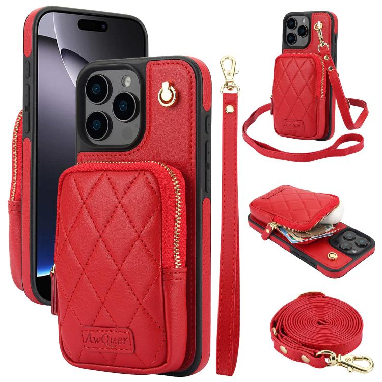 For iPhone 16 Pro Max AwQuer Crossbody Zipper Wallet Bag Litchi Leather Phone Case(Red) by Awquer