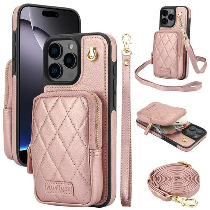 For iPhone 16 Pro AwQuer Crossbody Zipper Wallet Bag Litchi Leather Phone Case(Rose Gold) by Awquer