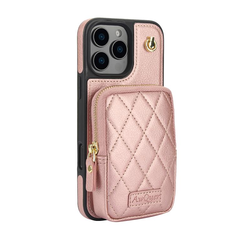 For iPhone 16 Pro AwQuer Crossbody Zipper Wallet Bag Litchi Leather Phone Case(Rose Gold) by Awquer