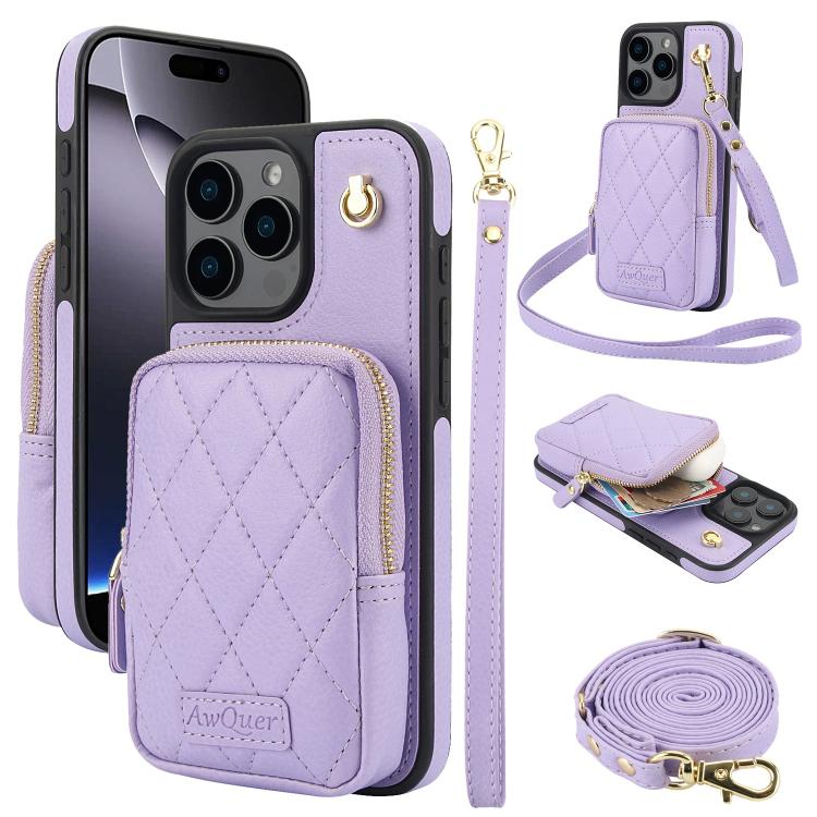 For iPhone 16 Pro AwQuer Crossbody Zipper Wallet Bag Litchi Leather Phone Case(Light Purple) by Awquer