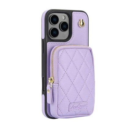 For iPhone 16 Pro AwQuer Crossbody Zipper Wallet Bag Litchi Leather Phone Case(Light Purple) by Awquer