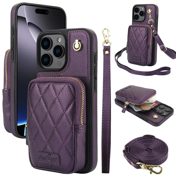 For iPhone 16 Pro AwQuer Crossbody Zipper Wallet Bag Litchi Leather Phone Case(Dark Purple) by Awquer