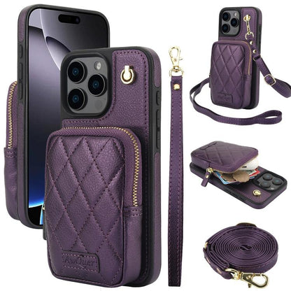 For iPhone 16 Pro AwQuer Crossbody Zipper Wallet Bag Litchi Leather Phone Case(Dark Purple) by Awquer