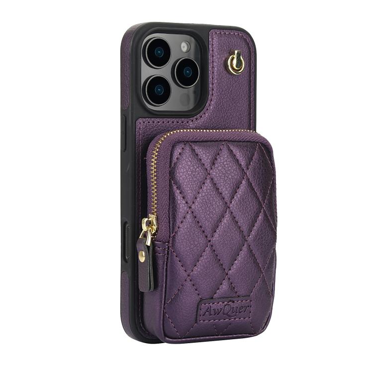 For iPhone 16 Pro AwQuer Crossbody Zipper Wallet Bag Litchi Leather Phone Case(Dark Purple) by Awquer