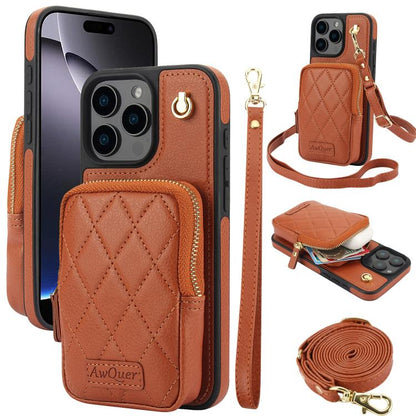 For iPhone 16 Pro AwQuer Crossbody Zipper Wallet Bag Litchi Leather Phone Case(Brown) by Awquer