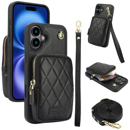 For iPhone 16 Plus AwQuer Crossbody Zipper Wallet Bag Litchi Leather Phone Case(Black) by Awquer