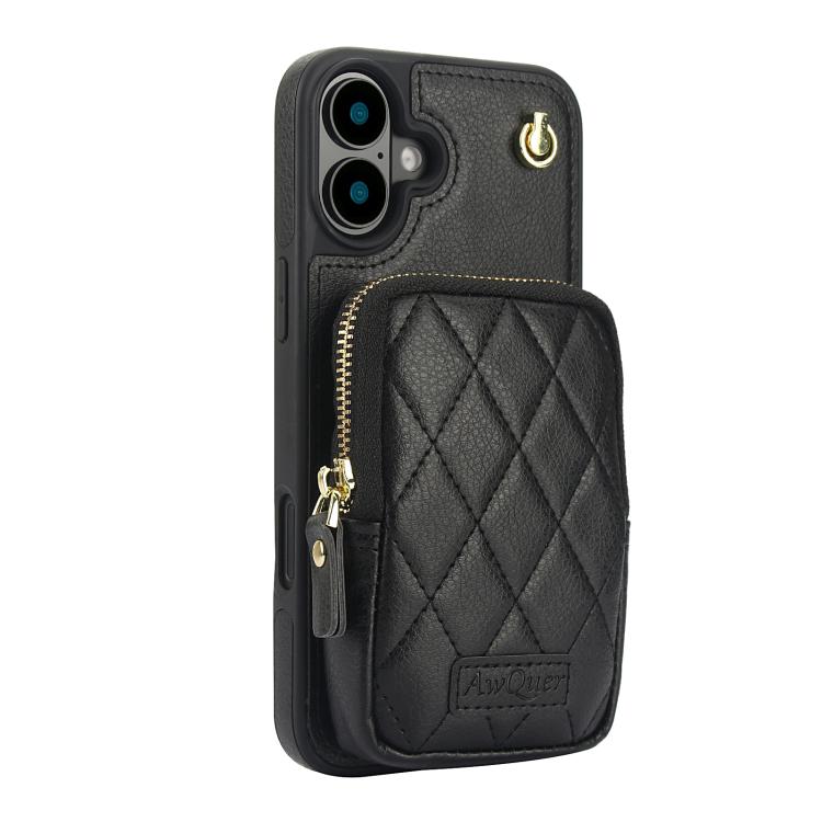 For iPhone 16 Plus AwQuer Crossbody Zipper Wallet Bag Litchi Leather Phone Case(Black) by Awquer