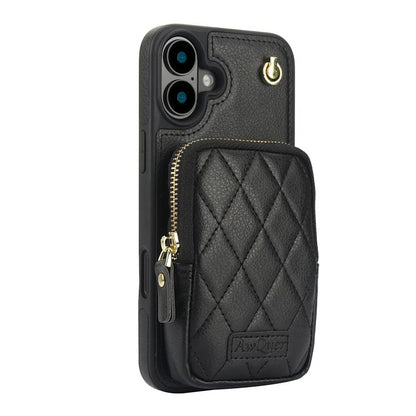 For iPhone 16 Plus AwQuer Crossbody Zipper Wallet Bag Litchi Leather Phone Case(Black) by Awquer