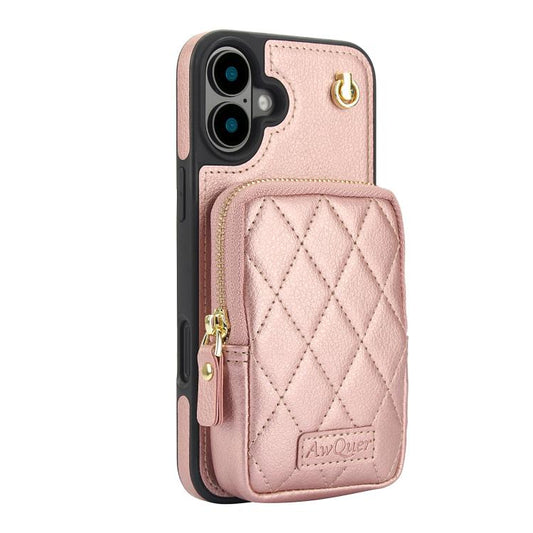 For iPhone 16 Plus AwQuer Crossbody Zipper Wallet Bag Litchi Leather Phone Case(Rose Gold) by Awquer