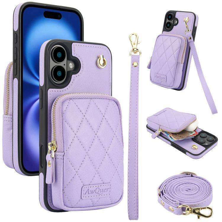 For iPhone 16 Plus AwQuer Crossbody Zipper Wallet Bag Litchi Leather Phone Case(Light Purple) by Awquer