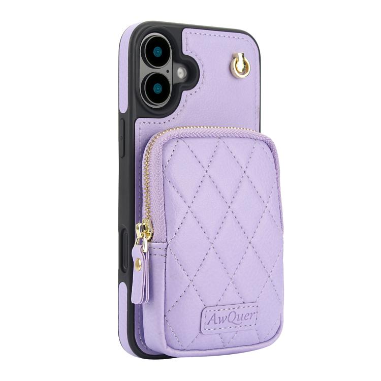 For iPhone 16 Plus AwQuer Crossbody Zipper Wallet Bag Litchi Leather Phone Case(Light Purple) by Awquer