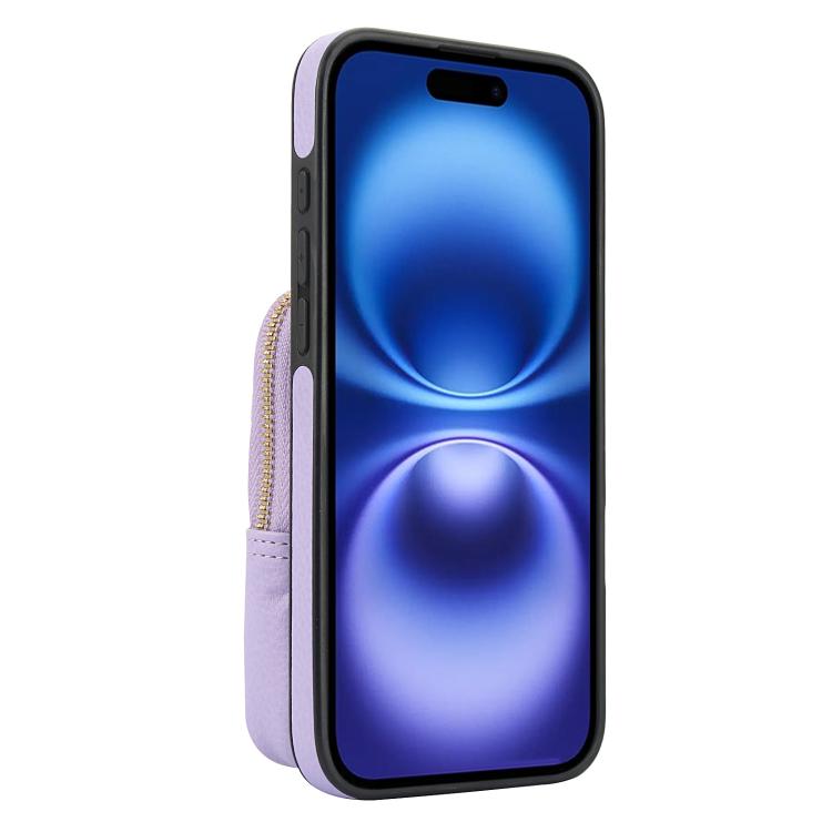 For iPhone 16 Plus AwQuer Crossbody Zipper Wallet Bag Litchi Leather Phone Case(Light Purple) by Awquer