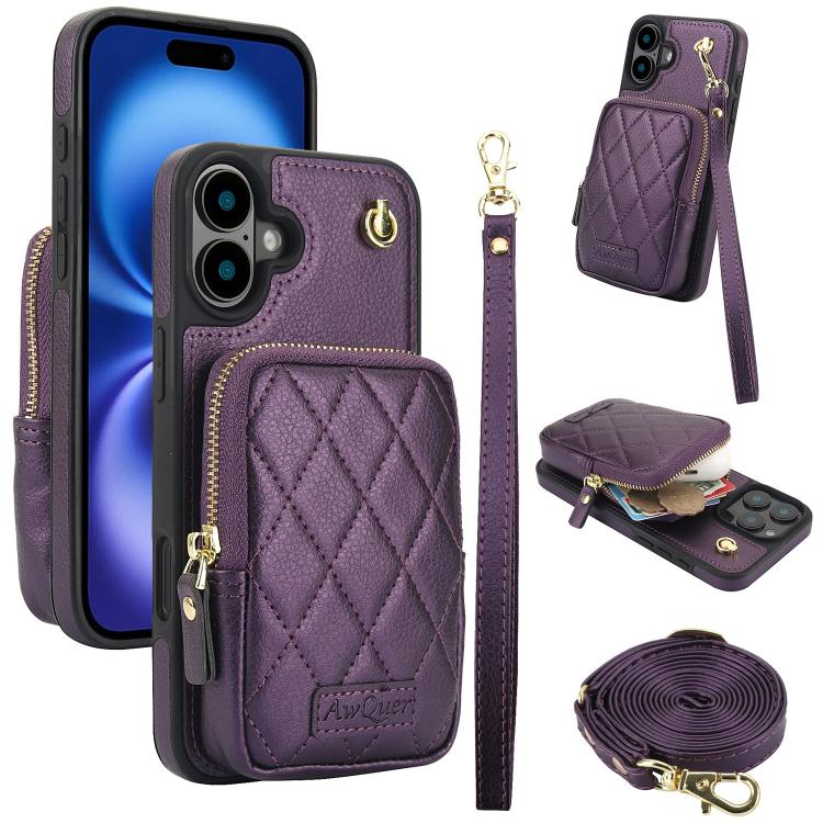 For iPhone 16 Plus AwQuer Crossbody Zipper Wallet Bag Litchi Leather Phone Case(Dark Purple) by Awquer