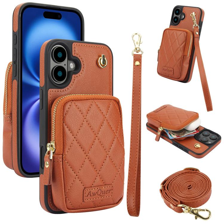 For iPhone 16 Plus AwQuer Crossbody Zipper Wallet Bag Litchi Leather Phone Case(Brown) by Awquer