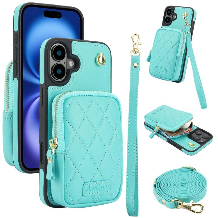 For iPhone 16 AwQuer Crossbody Zipper Wallet Bag Litchi Leather Phone Case(Mint Green) by Awquer
