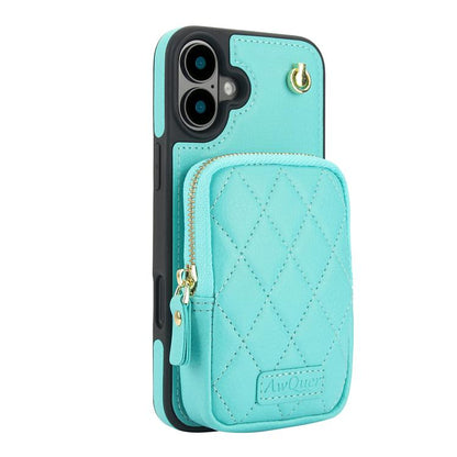 For iPhone 16 AwQuer Crossbody Zipper Wallet Bag Litchi Leather Phone Case(Mint Green) by Awquer