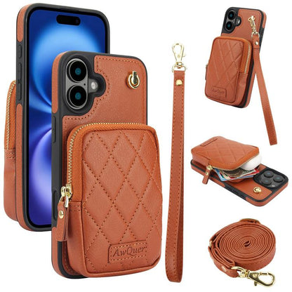 For iPhone 16 AwQuer Crossbody Zipper Wallet Bag Litchi Leather Phone Case(Brown) by Awquer