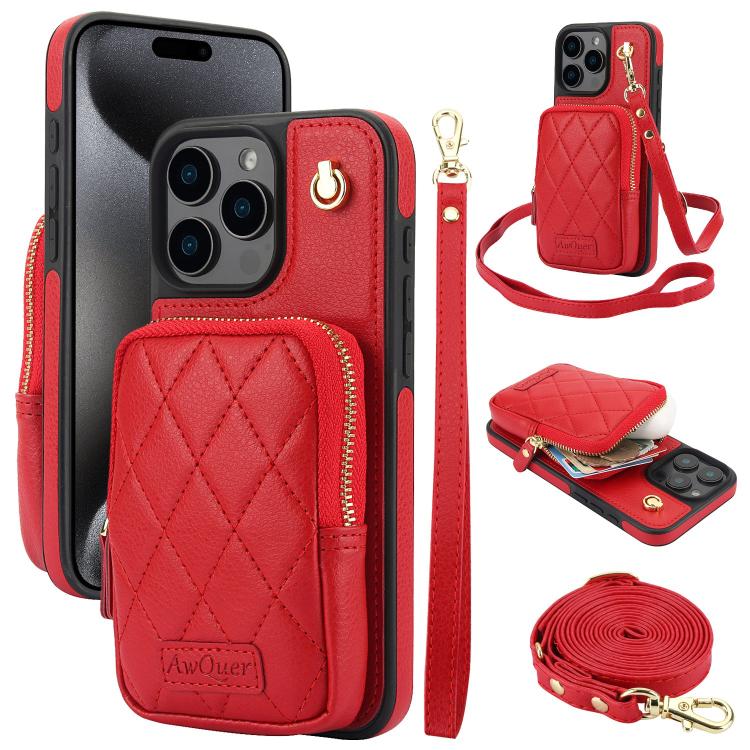 For iPhone 15 Pro Max AwQuer Crossbody Zipper Wallet Bag Litchi Leather Phone Case(Red) - iPhone 15 Pro Max Cases by Awquer | Online Shopping UK | buy2fix