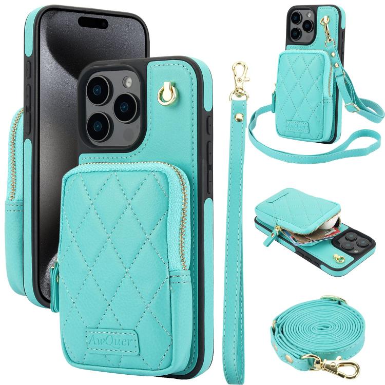 For iPhone 15 Pro Max AwQuer Crossbody Zipper Wallet Bag Litchi Leather Phone Case(Mint Green) - iPhone 15 Pro Max Cases by Awquer | Online Shopping UK | buy2fix