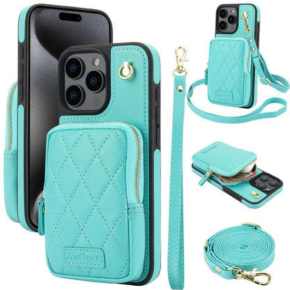 For iPhone 15 Pro Max AwQuer Crossbody Zipper Wallet Bag Litchi Leather Phone Case(Mint Green) - iPhone 15 Pro Max Cases by Awquer | Online Shopping UK | buy2fix