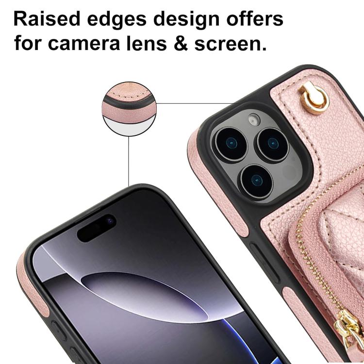 For iPhone 15 Pro Max AwQuer Crossbody Zipper Wallet Bag Litchi Leather Phone Case(Rose Gold) - iPhone 15 Pro Max Cases by Awquer | Online Shopping UK | buy2fix