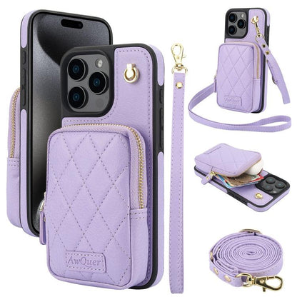 For iPhone 15 Pro Max AwQuer Crossbody Zipper Wallet Bag Litchi Leather Phone Case(Light Purple) - iPhone 15 Pro Max Cases by Awquer | Online Shopping UK | buy2fix