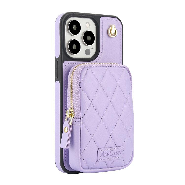 For iPhone 15 Pro Max AwQuer Crossbody Zipper Wallet Bag Litchi Leather Phone Case(Light Purple) - iPhone 15 Pro Max Cases by Awquer | Online Shopping UK | buy2fix