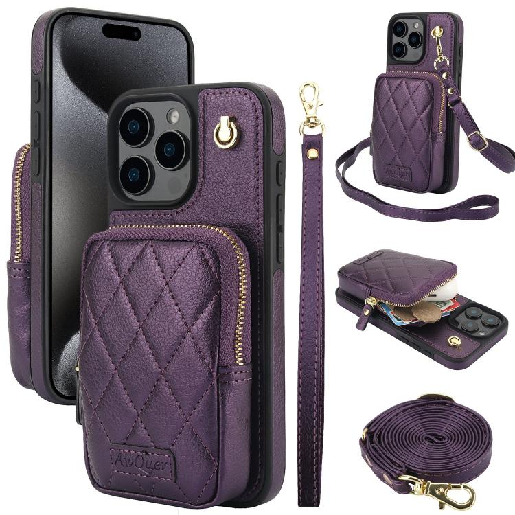For iPhone 15 Pro Max AwQuer Crossbody Zipper Wallet Bag Litchi Leather Phone Case(Dark Purple) - iPhone 15 Pro Max Cases by Awquer | Online Shopping UK | buy2fix