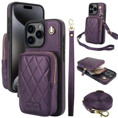 For iPhone 15 Pro Max AwQuer Crossbody Zipper Wallet Bag Litchi Leather Phone Case(Dark Purple) - iPhone 15 Pro Max Cases by Awquer | Online Shopping UK | buy2fix