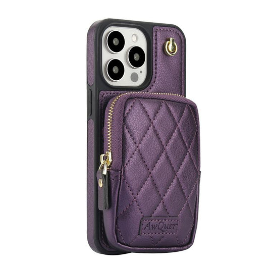 For iPhone 15 Pro Max AwQuer Crossbody Zipper Wallet Bag Litchi Leather Phone Case(Dark Purple) - iPhone 15 Pro Max Cases by Awquer | Online Shopping UK | buy2fix
