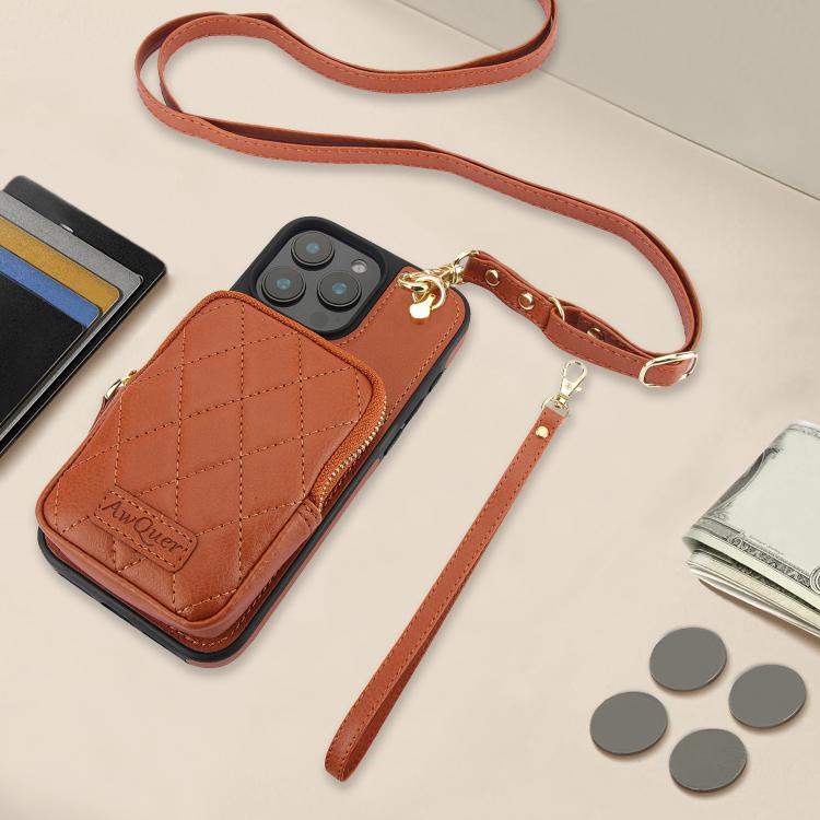 For iPhone 15 Pro Max AwQuer Crossbody Zipper Wallet Bag Litchi Leather Phone Case(Brown) - iPhone 15 Pro Max Cases by Awquer | Online Shopping UK | buy2fix