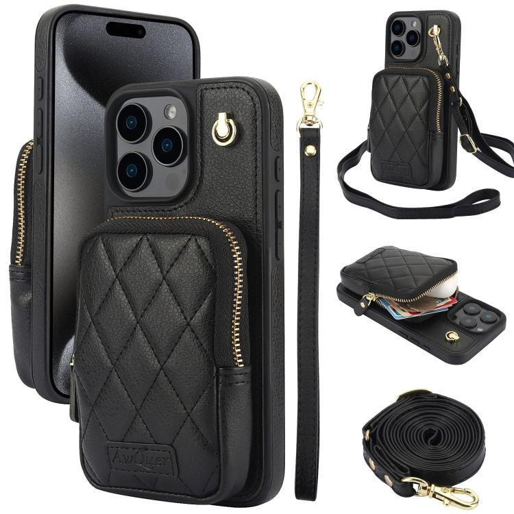 For iPhone 15 Pro AwQuer Crossbody Zipper Wallet Bag Litchi Leather Phone Case(Black) - iPhone 15 Pro Cases by Awquer | Online Shopping UK | buy2fix