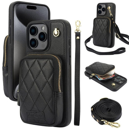 For iPhone 15 Pro AwQuer Crossbody Zipper Wallet Bag Litchi Leather Phone Case(Black) - iPhone 15 Pro Cases by Awquer | Online Shopping UK | buy2fix