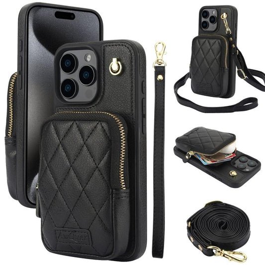 For iPhone 15 Pro AwQuer Crossbody Zipper Wallet Bag Litchi Leather Phone Case(Black) - iPhone 15 Pro Cases by Awquer | Online Shopping UK | buy2fix