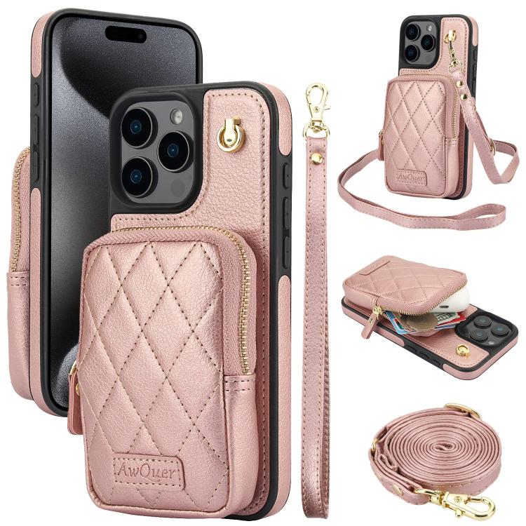 For iPhone 15 Pro AwQuer Crossbody Zipper Wallet Bag Litchi Leather Phone Case(Rose Gold) - iPhone 15 Pro Cases by Awquer | Online Shopping UK | buy2fix