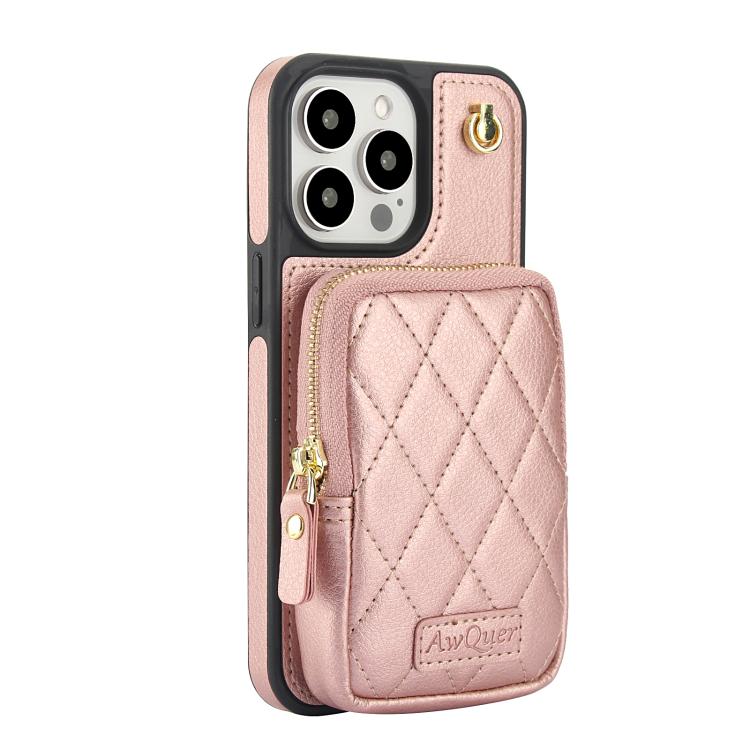 For iPhone 15 Pro AwQuer Crossbody Zipper Wallet Bag Litchi Leather Phone Case(Rose Gold) - iPhone 15 Pro Cases by Awquer | Online Shopping UK | buy2fix