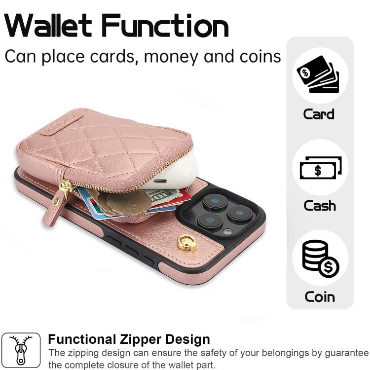 For iPhone 15 Pro AwQuer Crossbody Zipper Wallet Bag Litchi Leather Phone Case(Rose Gold) - iPhone 15 Pro Cases by Awquer | Online Shopping UK | buy2fix