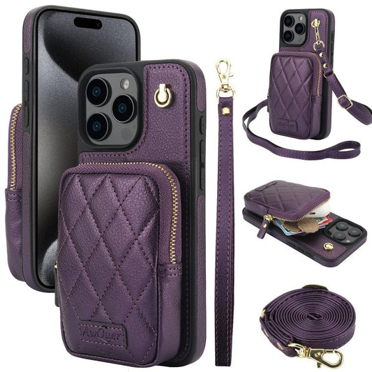 For iPhone 15 Pro AwQuer Crossbody Zipper Wallet Bag Litchi Leather Phone Case(Dark Purple) - iPhone 15 Pro Cases by Awquer | Online Shopping UK | buy2fix