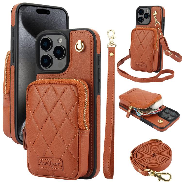 For iPhone 15 Pro AwQuer Crossbody Zipper Wallet Bag Litchi Leather Phone Case(Brown) - iPhone 15 Pro Cases by Awquer | Online Shopping UK | buy2fix