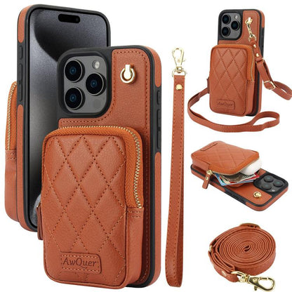 For iPhone 15 Pro AwQuer Crossbody Zipper Wallet Bag Litchi Leather Phone Case(Brown) - iPhone 15 Pro Cases by Awquer | Online Shopping UK | buy2fix