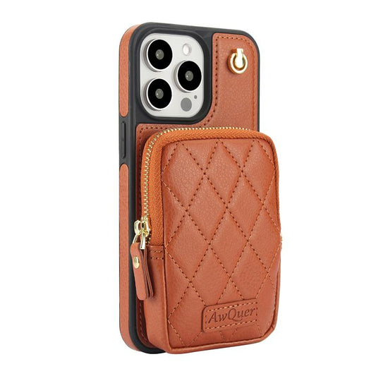 For iPhone 15 Pro AwQuer Crossbody Zipper Wallet Bag Litchi Leather Phone Case(Brown) - iPhone 15 Pro Cases by Awquer | Online Shopping UK | buy2fix
