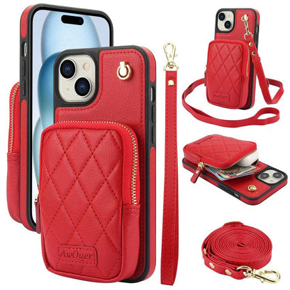 For iPhone 15 Plus AwQuer Crossbody Zipper Wallet Bag Litchi Leather Phone Case(Red) - iPhone 15 Plus Cases by Awquer | Online Shopping UK | buy2fix