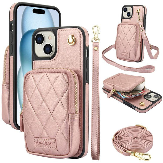 For iPhone 15 Plus AwQuer Crossbody Zipper Wallet Bag Litchi Leather Phone Case(Rose Gold)