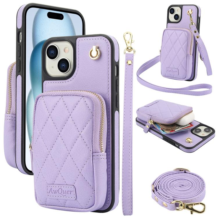 For iPhone 15 Plus AwQuer Crossbody Zipper Wallet Bag Litchi Leather Phone Case(Light Purple) - iPhone 15 Plus Cases by Awquer | Online Shopping UK | buy2fix