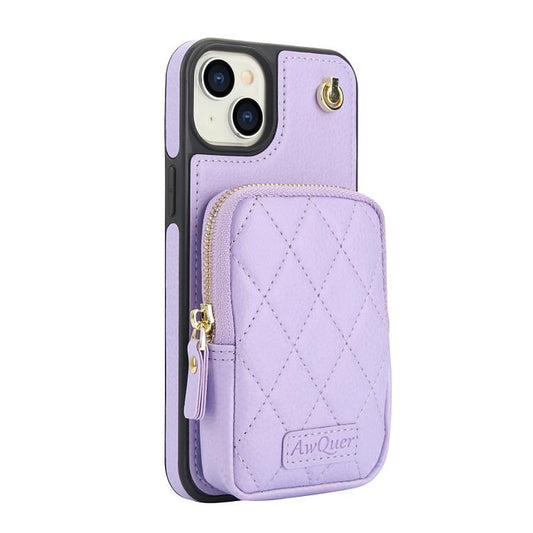 For iPhone 15 Plus AwQuer Crossbody Zipper Wallet Bag Litchi Leather Phone Case(Light Purple) - iPhone 15 Plus Cases by Awquer | Online Shopping UK | buy2fix