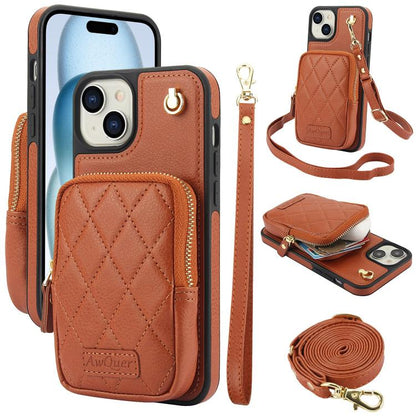 For iPhone 15 Plus AwQuer Crossbody Zipper Wallet Bag Litchi Leather Phone Case(Brown) - iPhone 15 Plus Cases by Awquer | Online Shopping UK | buy2fix