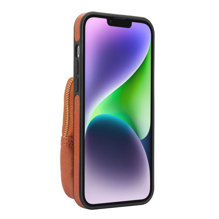 For iPhone 15 Plus AwQuer Crossbody Zipper Wallet Bag Litchi Leather Phone Case(Brown) - iPhone 15 Plus Cases by Awquer | Online Shopping UK | buy2fix