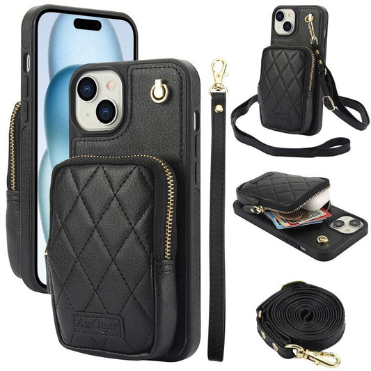 For iPhone 15 AwQuer Crossbody Zipper Wallet Bag Litchi Leather Phone Case(Black) - iPhone 15 Cases by Awquer | Online Shopping UK | buy2fix